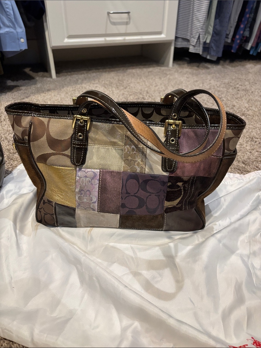 Coach Patchwork Logo Canvas Tote in Brown, Tan, Gold, Purple